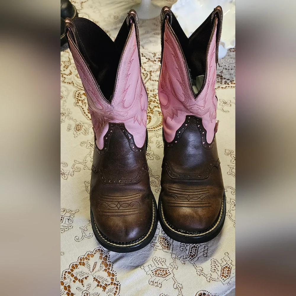 Justin Boots Women's Pink and Brown Ankle Booties - Picture 3 of 4
